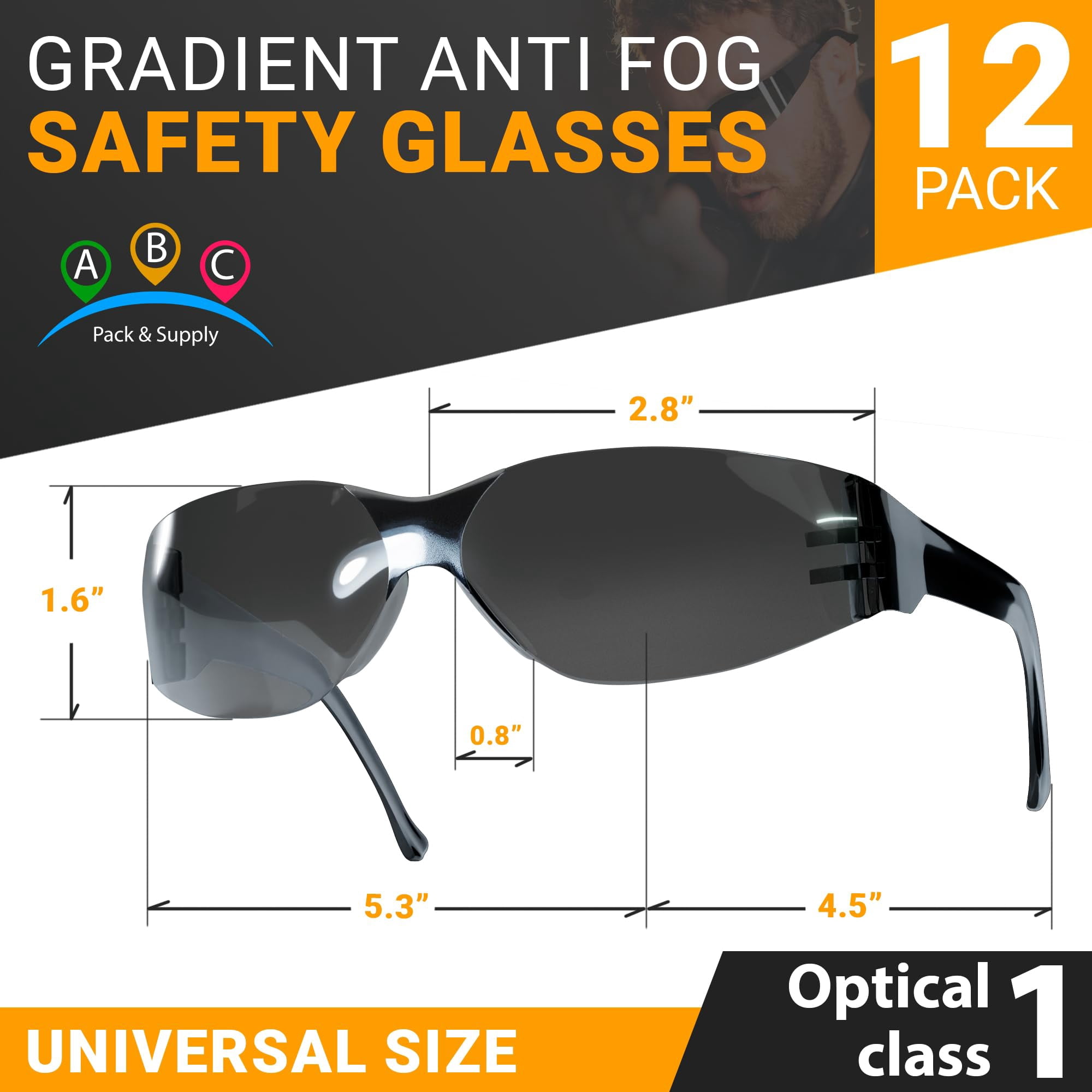 Gradient Gray Anti Fog Safety Glasses for Men & Women. Pack of 12 Unisex Scratch Resistant Wrap Around Protective Eyewear Safety Goggles. Lightweight & Durable Protective Eyewear