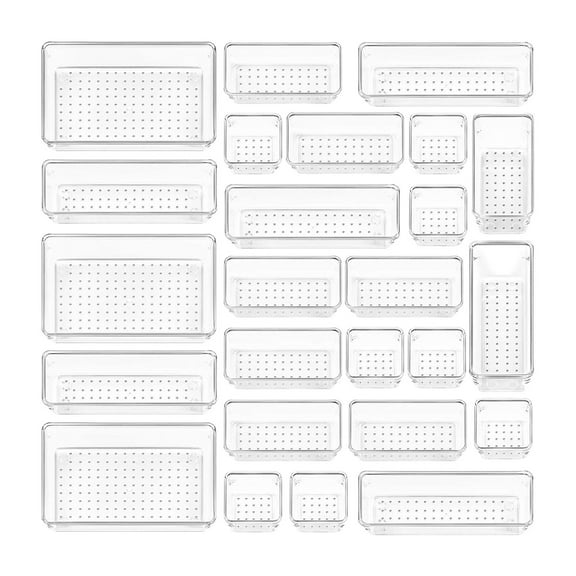 LYCAQL 25 PCS Clear Drawer Organizers Set, 4-Size Versatile Bathroom and Vanity Drawer Organizer Trays, Storage Bins for Makeup, Bedroom, Kitchen Gadgets Utensils and Office