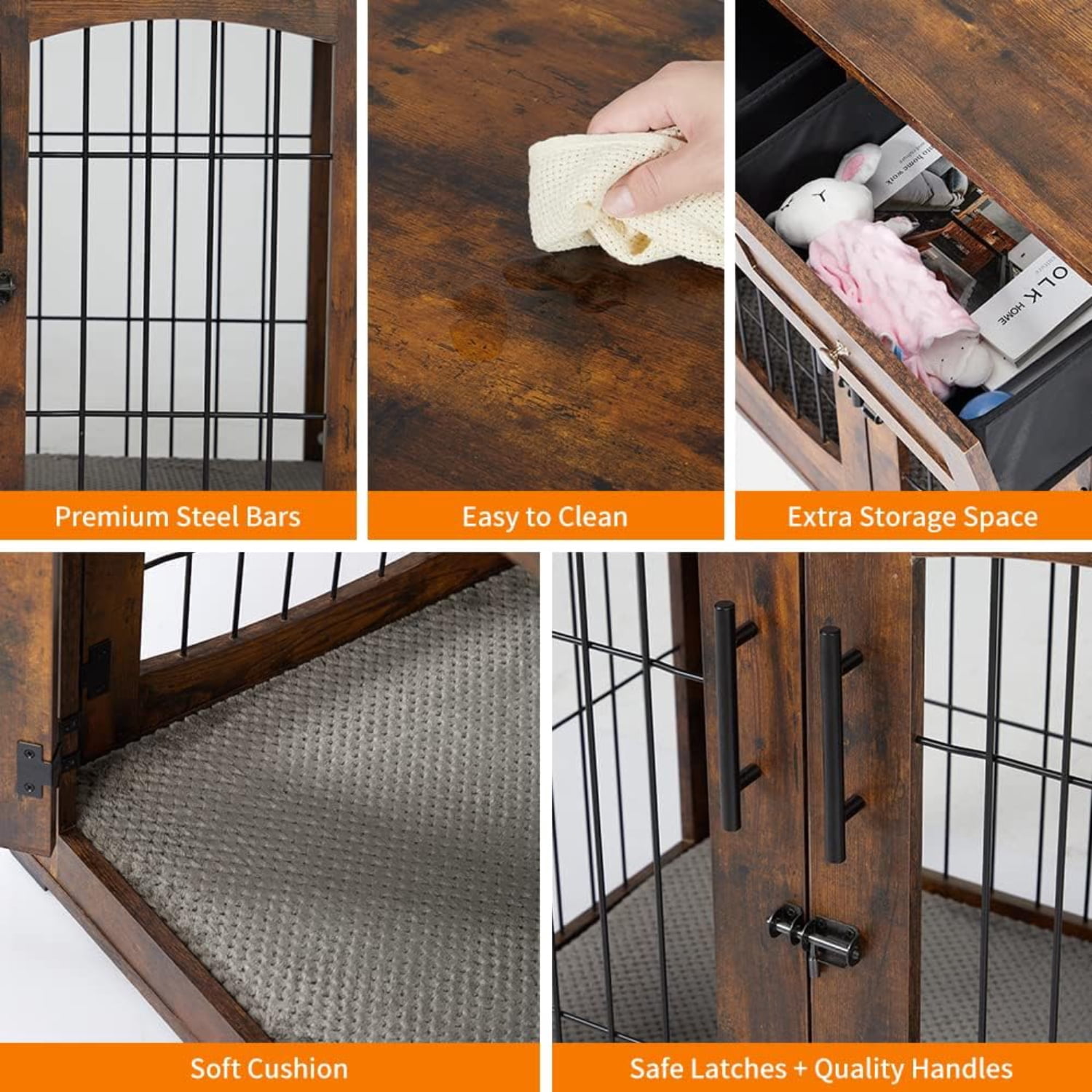 Emorefun Wooden Dog Crate Furniture, 40" Heavy Duty Dog Kennel with Cushion & Drawers for Indoor, Rustic Brown