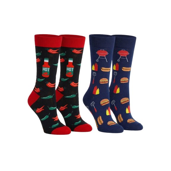 Men's Hot Sauce Chili Peppers Socks & BBQ Grill Hamburger Socks 2-Pair Set