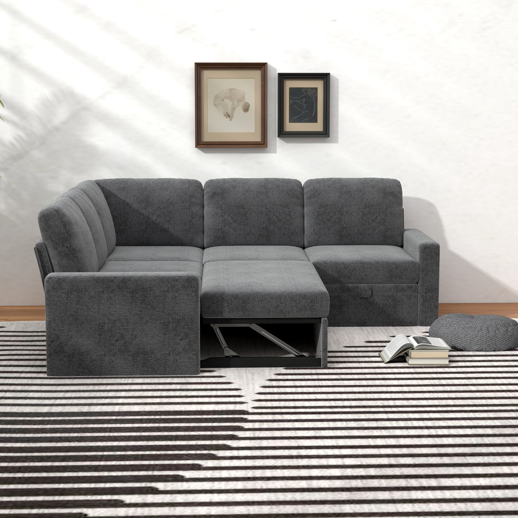 Gewnee 5-Seater Gray L-Shaped Convertible Sofa - Skin-Friendly & Wear-Resistant Chenille Fabric, Solid Wood Frame with Multifunctional Storage, for Living Rooms & Halls