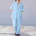 thumbnail image 4 of CIENVNSTG 2 Piece Sets Woman Trendy V-Neck Long Sleeve Linen Shirt Top Drawstring Straight Pants Set Sky Blue XL, 4 of 5