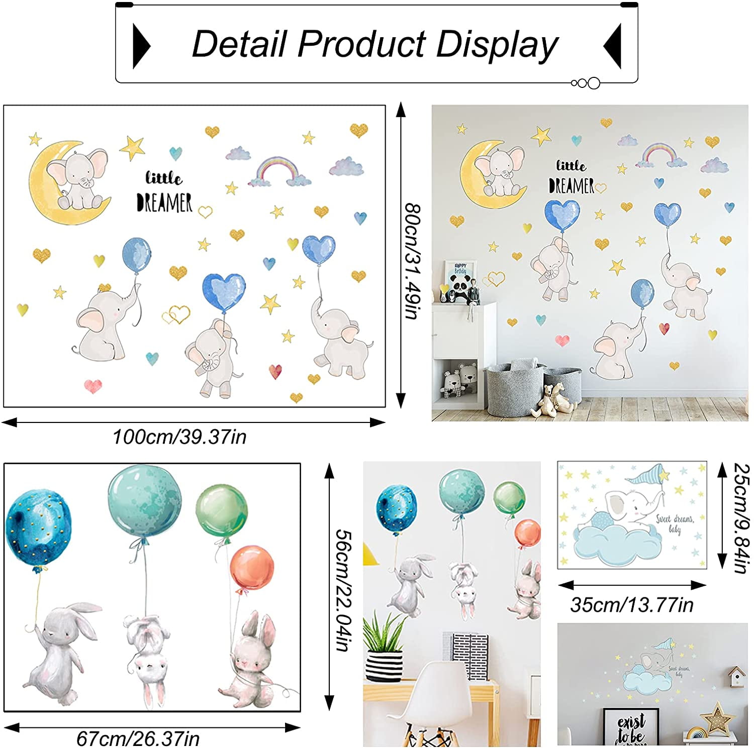 Stars Removable DIY Wall Decor for Kids Girls Baby Bedroom Classroom Nursery Home Decoration HOLENGS Cute Balloons Flying Animals Wall Stickers 3Sets Cartoon Elephant Rabbit Wall Decals 