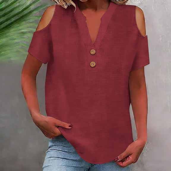 Wowcloth Womens V-Neck Off-Shoulder T-Shirt, Solid Color Loose Fit Cotton Linen Blend Short Sleeve Top, Casual Summer Blouse for Daily Wear