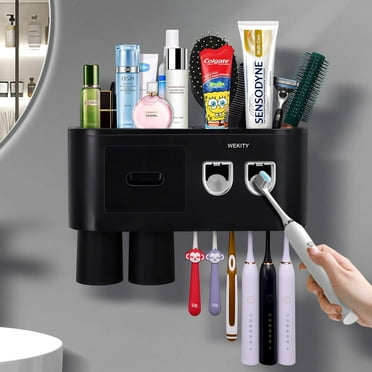 Toothbrush Holder for Bathrooms, 2 Cups Toothbrush Holder Wall Mounted with 2 Toothpaste Dispenser, Toothbrush Holder Set with 6 Brush Slots 1 Large Capacity Tray 1 Cosmetic Drawer (2 Toothpaste)