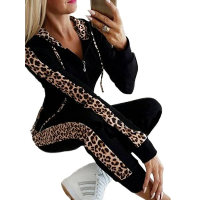 Innerwin Jogger Set Leopard Print Ladies Sweatsuits Jogging Hoodies Comfy 2 Piece Outfit Black 3XL