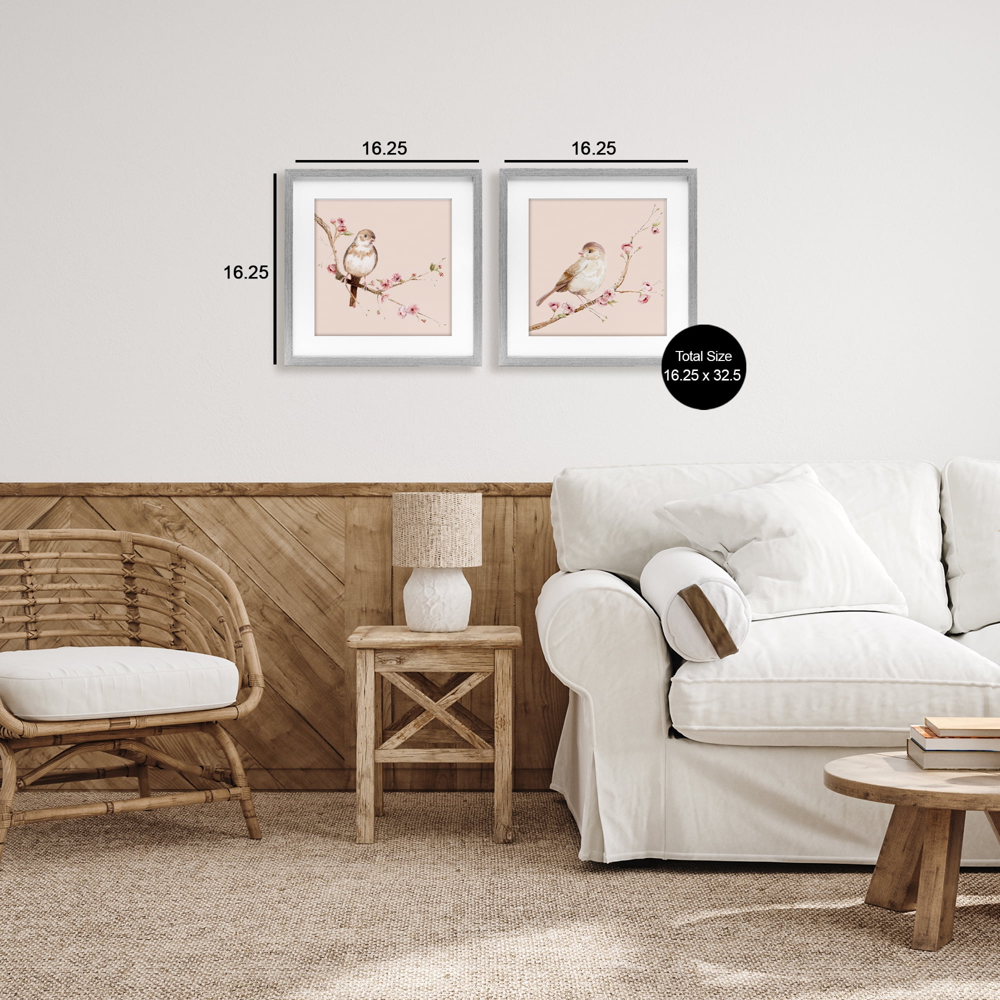 Sweetest Brown Birds Branch 2 Piece Gray Framed Print Under Glass Set, design by Lisa Wehmeyer