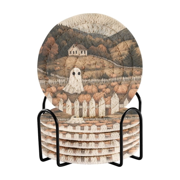 Yayeee 6 PCS Drink Coasters with Holder Set Woven Absorbent Round Tabletop Hot Pad, Halloween Pumpkin