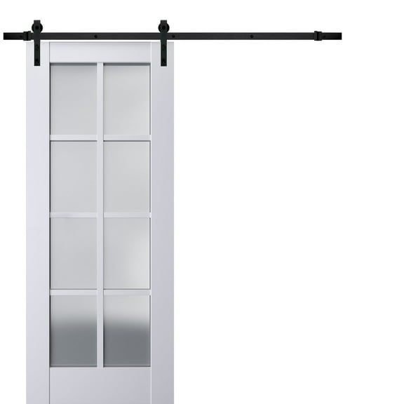 Sturdy Barn Door Frosted Glass | Veregio 7412 White Silk | 6.6FT Rail Hangers Heavy Hardware Set | Solid Panel Interior Doors-36" x 96"-Black Rail