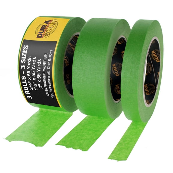 Dura-Gold Green Automotive Masking Tape 3/4, 1-1/2, 2 Inch (0.7", 1.41", 1.88" x 55 Yards), 1 Roll Each - High-Performance, Heat Resistant - Auto Refinish Painting Car Detailing Autobody Painters Tape