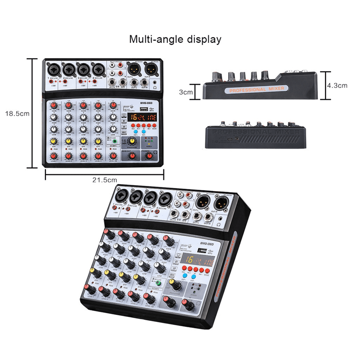 6 Channel Audio Mixer Portable Mixing Console USB Interface Sound Card with 99- 48V Phantom Power US Plug