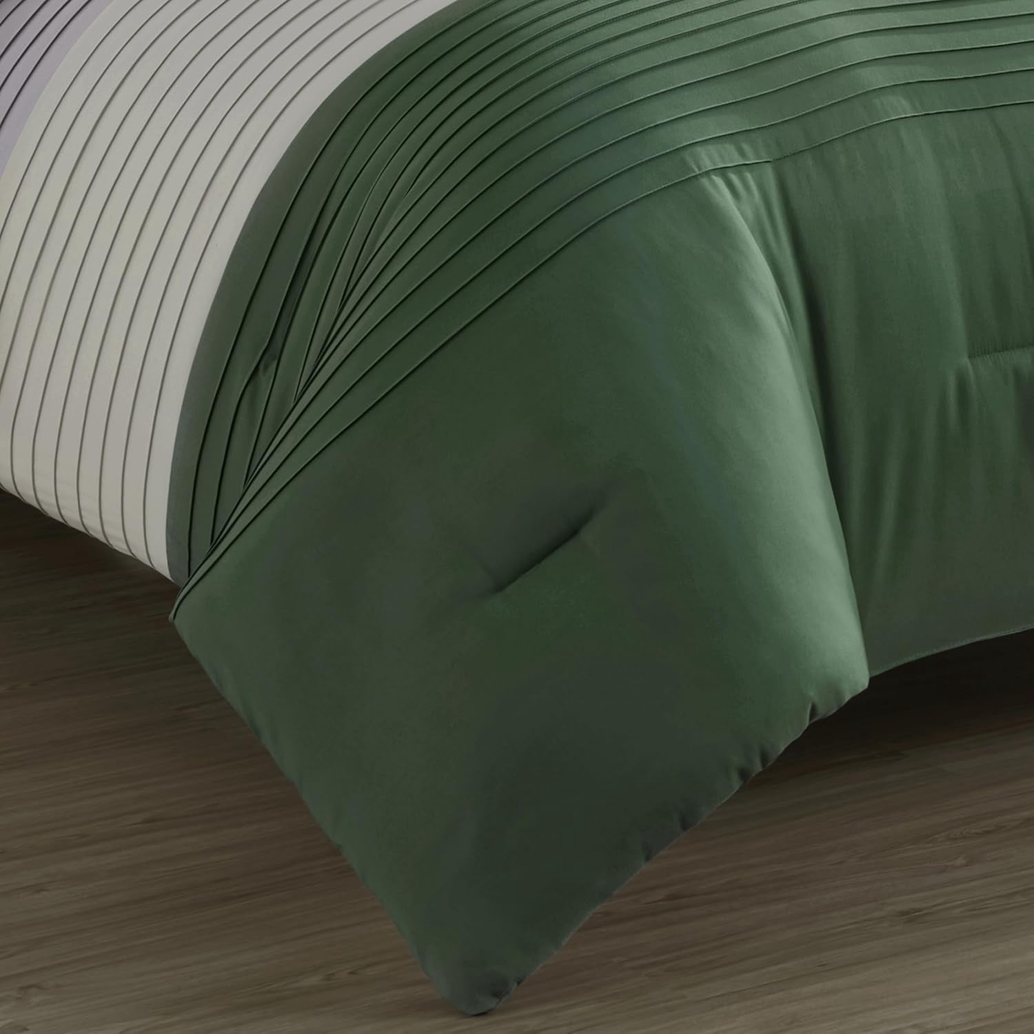 Chezmoi Collection Briar 7-Piece California King Bed in a Bag Comforter Set with Sheets - Lightweight Comforter Forest Green Gray Cream Luxury Pleated Stripe Bedding Set for All Season