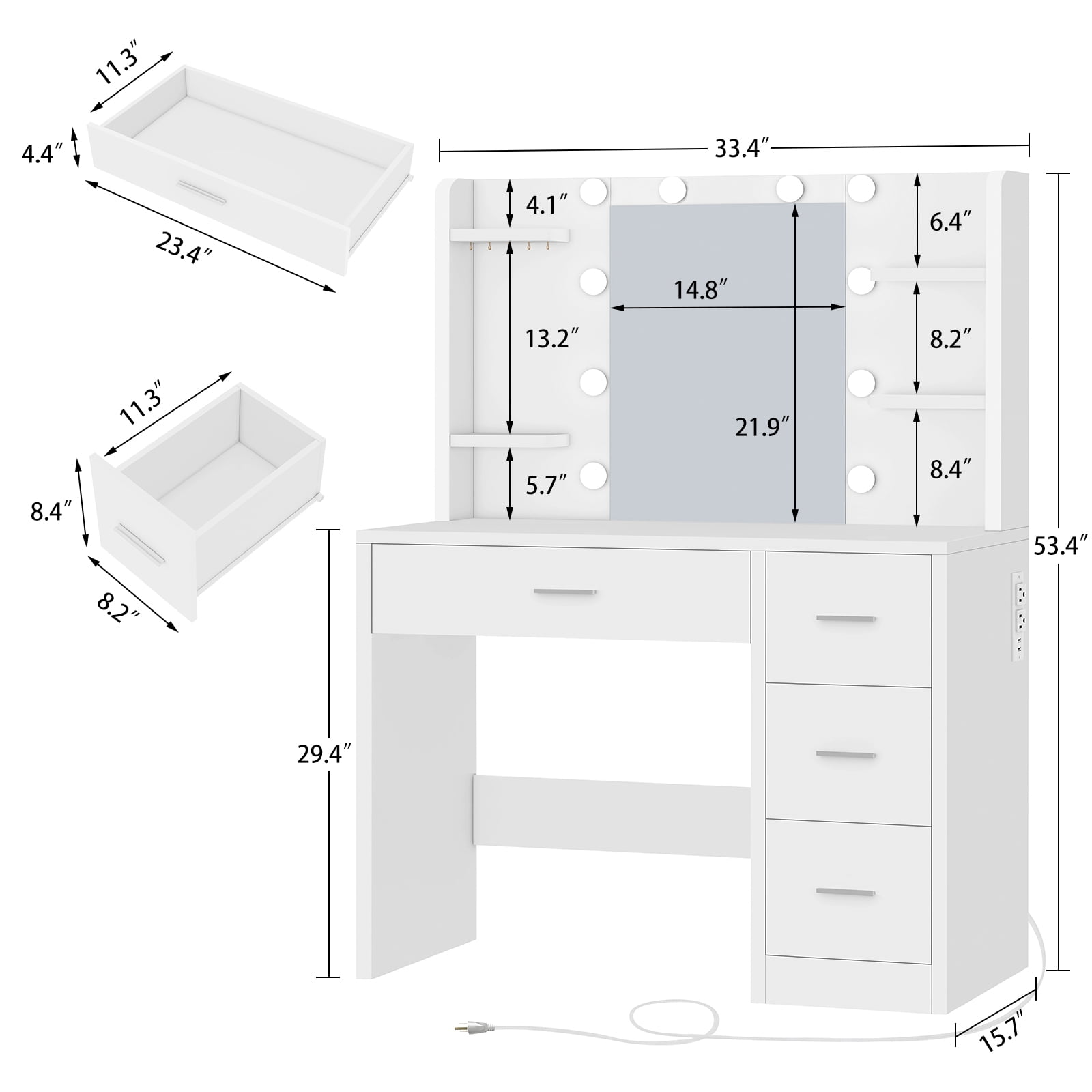 TEENFON Makeup Vanity Set with Mirror and Lights, Vanity Desk with Power Outlet and 4 Drawers & 6 Shelves, Vanity Table for Bedroom, White