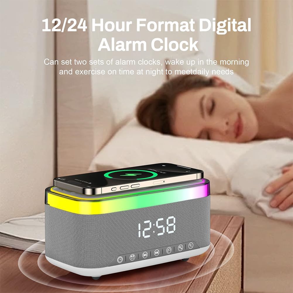Digital Alarm Clock with Wireless Charging, Bedside with Fast Wireless Charging 15W, Timer Alarm Clock for Heavy Sleepers, RGB Night Light, Bluetooth Speaker Suitable for Indoor & Outdoor, Grey