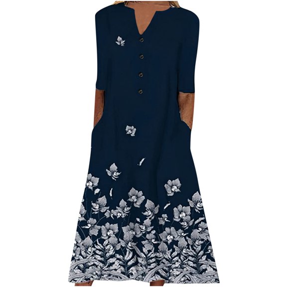 USSUMA Womens Dresses Vacation, Women's Summer Long Maxi Dress Casual Short Sleeves Floral Print Button Down V Neck Boho Long Dresses Beach Party Shirt Dress