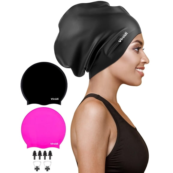 Virsidi 2 Pack Extra Large Swim Cap for Braids and Dreadlocks, Silicone Swimming Caps for Long Hair, Weaves, Extensions, Curls & Afros, Waterproof Adult Swim Hats Bathing Caps for Women Men