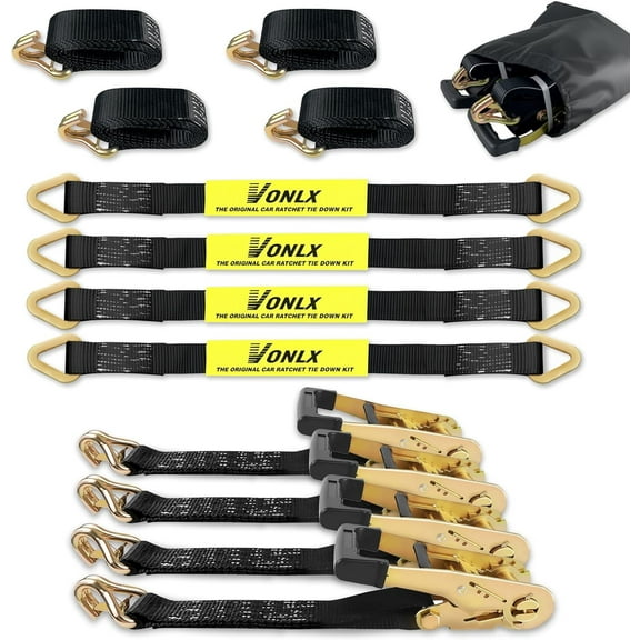 Vonlx 4-Pack Heavy Duty Car Trailer Tie Down Ratchet Straps, 2" x 8', 10,000lbs Break Strength, Black