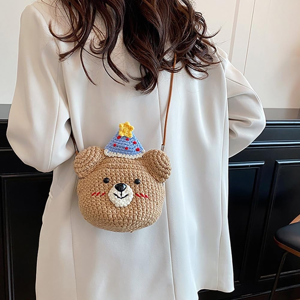 Baguery Handmade Crochet Party Hat Bear Crossbody Bag - Cute Knitted Animal Purse with Metal Frame, Mini Shoulder Bag for Women