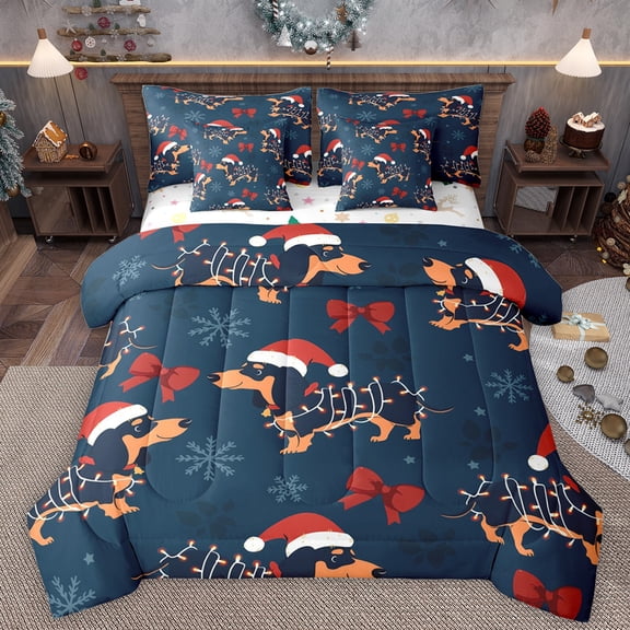 Manfei Kawaii Xmas Dachshund Twin Bedding Sets 7-Piece for Boy, Princess Ribbon Bow Bedding Comforter Set, Navy Christmas Theme Reversible Sheet Sets, Luxury Bedroom Decor