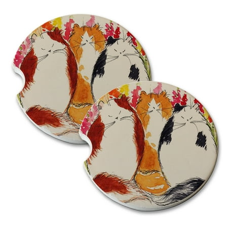 

KuzmarK Sandstone Car Drink Coaster (set of 2) - Three Bicolor Persian Kitties with Snapdragons Abstract Cat Art by Denise Every