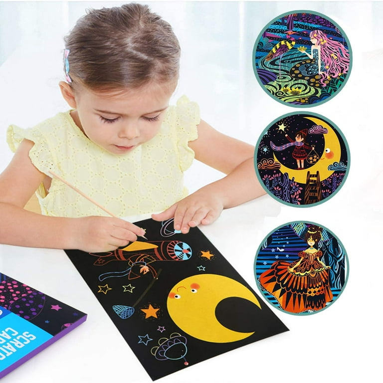 Scratch Paper Art Set, 50 Sheets Rainbow Scratch Paper Art Black Scratch it  Off Paper Crafts Notes Drawing Boards Sheet with 5 Wooden Stylus and 4  Stencils for Kids DIY Christmas Birthday