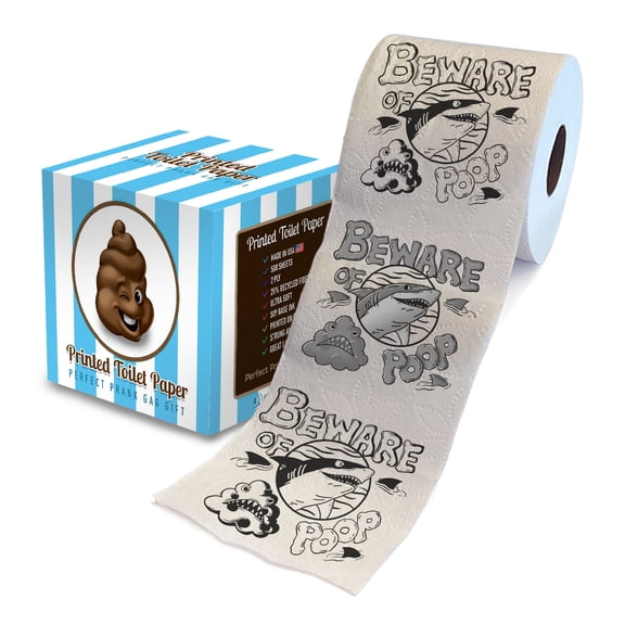 Printed TP Beware of Shark Poop Printed Toilet Paper Gag Gift – Funny Toilet Paper Roll For Prank, Surprise, Bathroom Decor, Novelty Gift For Men, Women, Friends, Birthday Party – 500 Sheets