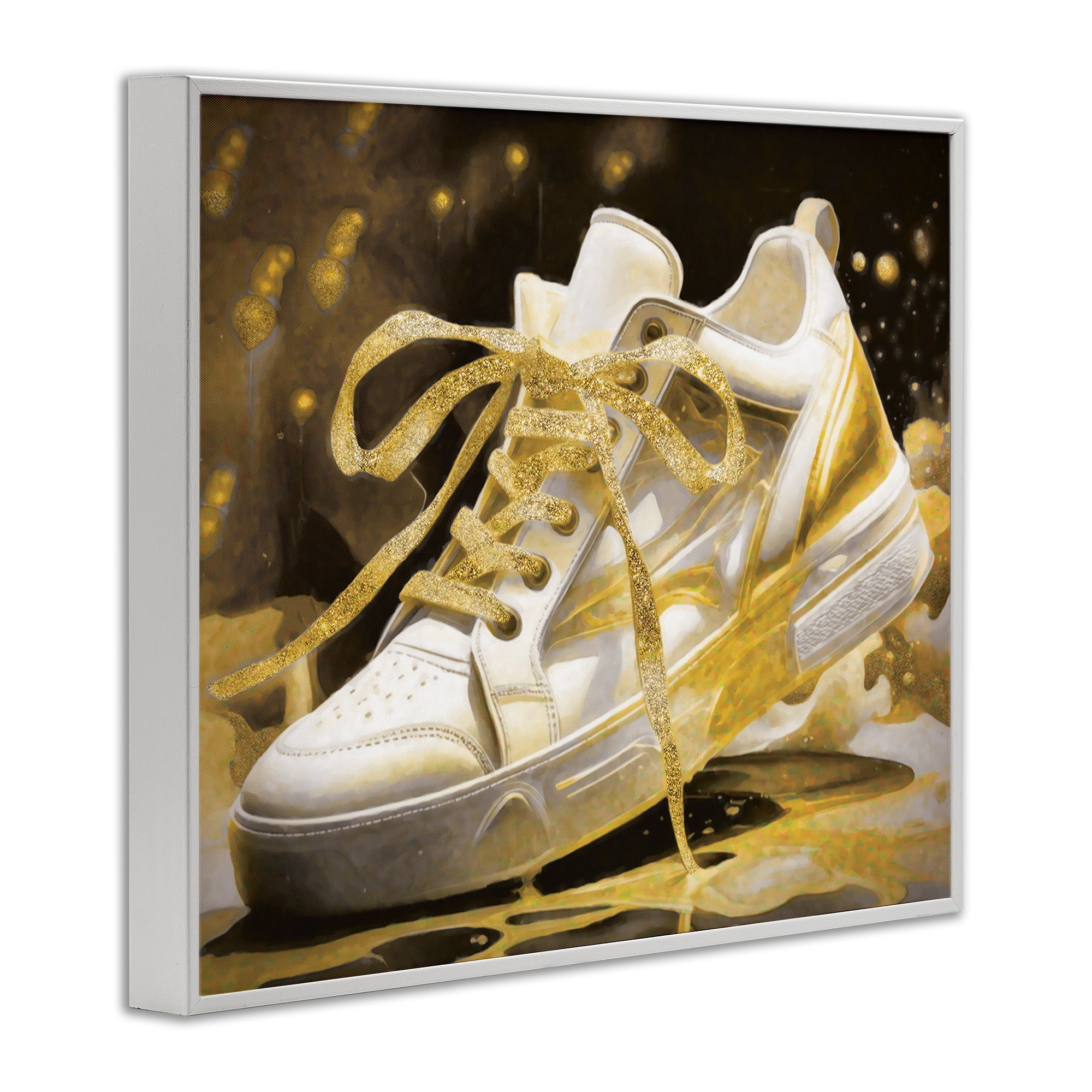 Stupell Industries Splashy Gold Sneaker White Framed Giclee Art, design by Grotto Studios