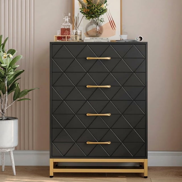 Commode à Tiroirs en Bois avec Base Dorée et Poignées en Métal, Coffre pour Rangement de Chambre, Polyvalente pour Garde-Robe, Chambre de Bébé, Salon