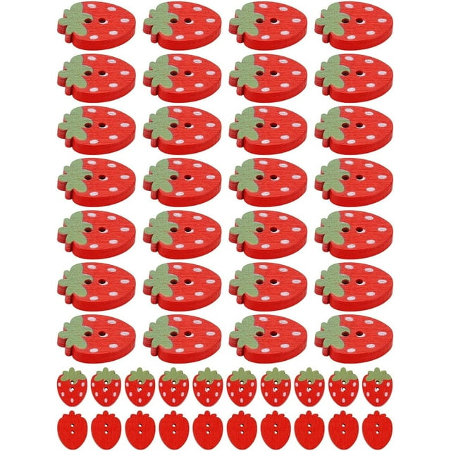50 botones de madera de fresa roja con 2 agujeros, 23 x 18 x 3,5 mm, color rojo ladrillo. Botones decorativos para costura, ideales para frutas y alimentos. Orificio de 1,8 mm.