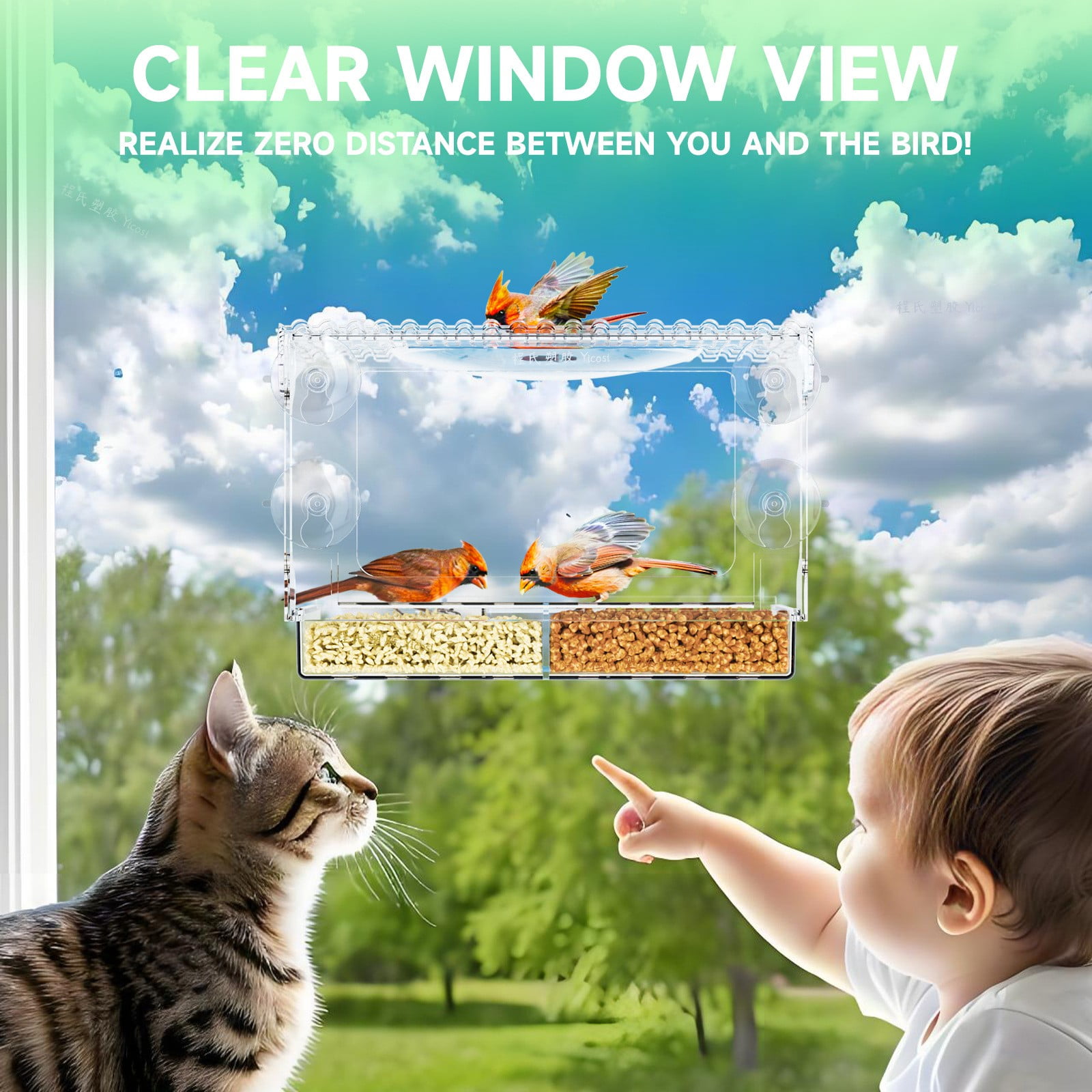 Clear Window Bird Feeder with Strong Suction Cups â Large Capacity Detachable Tray & Water Dish â Outdoor Wild Bird Watching Gift for Nature Lovers & Garden Decor