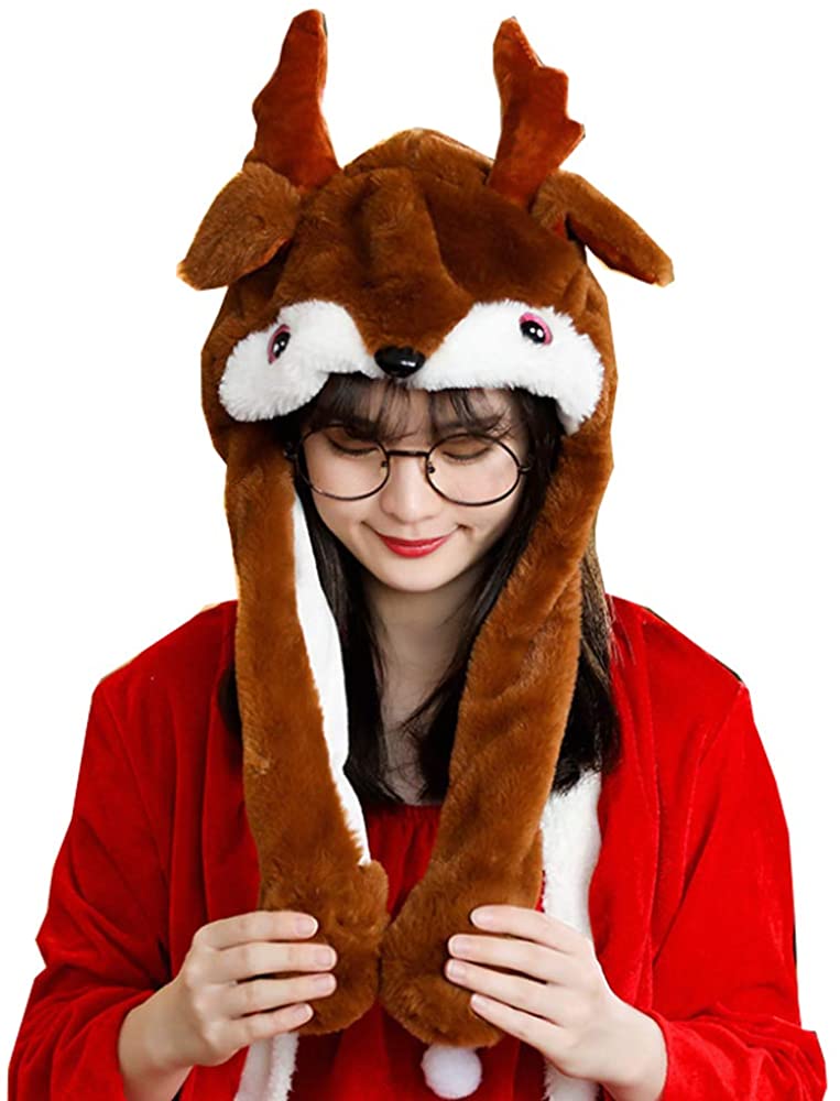 Bonnet De Noël à Oreilles Mobiles En Peluche - Oreilles Qui Bougent, Circonférence ~60cm - Modèles Père Noël, Renne, Bonhomme De Neige - 6