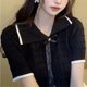 thumbnail image 5 of Blusa de punto con cuello vuelto para mujer, blusa de manga corta con un solo pecho y lazo a cuadros en la parte delantera, Top elegante negro, talla libre 77,2? 132,3 lb, 5 of 8
