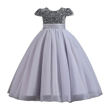 

XIEULQP Baby Girl Clothes Girls Multi Color Sequins Short Sleeve Puffy Dress Piano Performance Banquet Evening Dresses Summer Dress Grey