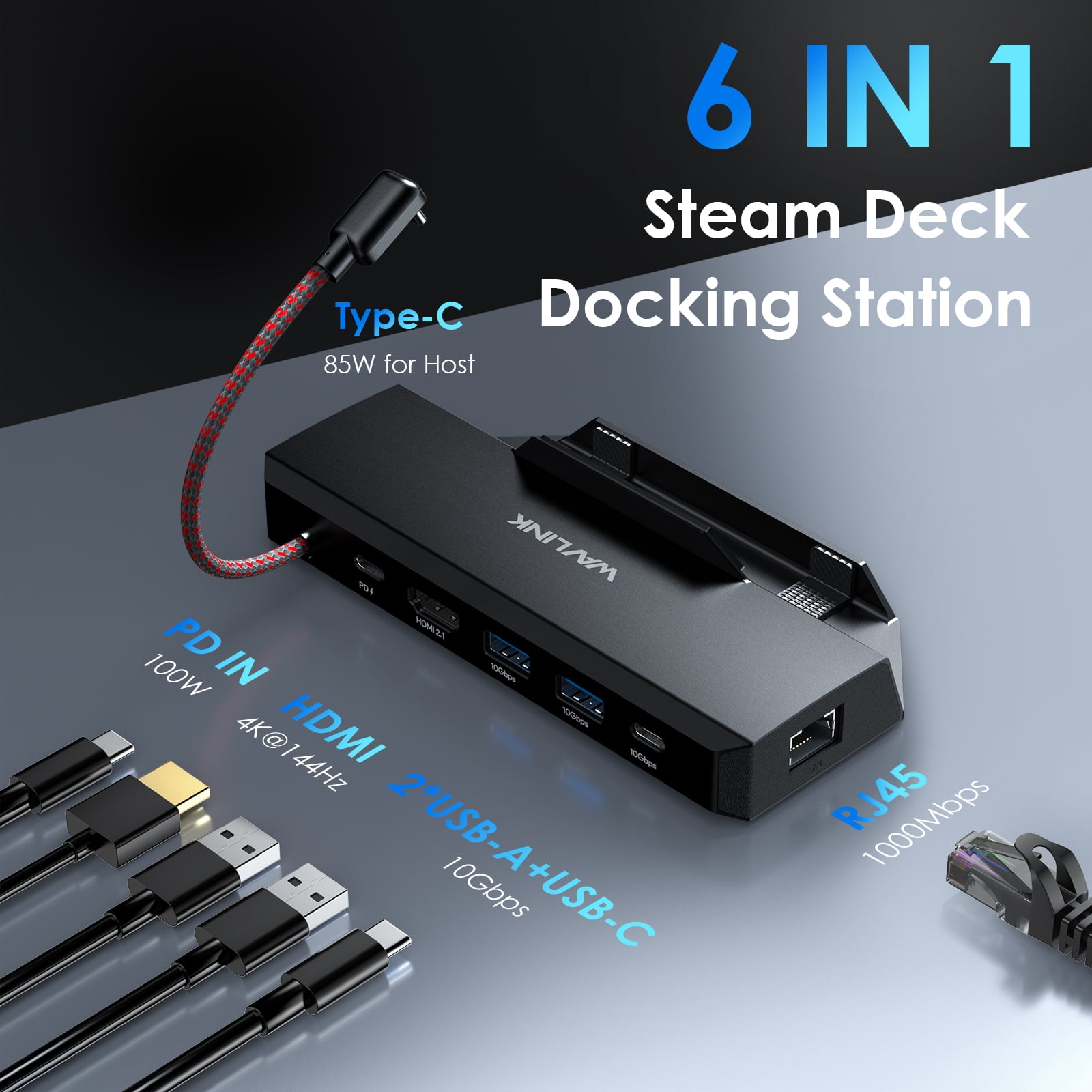 WAVLINK Steam Deck/ROG Dock, 6-in-1 Docking Station for Steam Deck/ROG, Steam Deck Accessories with 4K@144Hz/2K@165Hz/1080P@240Hz HDMI 2.0, 100W PD IN(85W for Host), 3x 10G USB 3.2, Gigabit RJ45