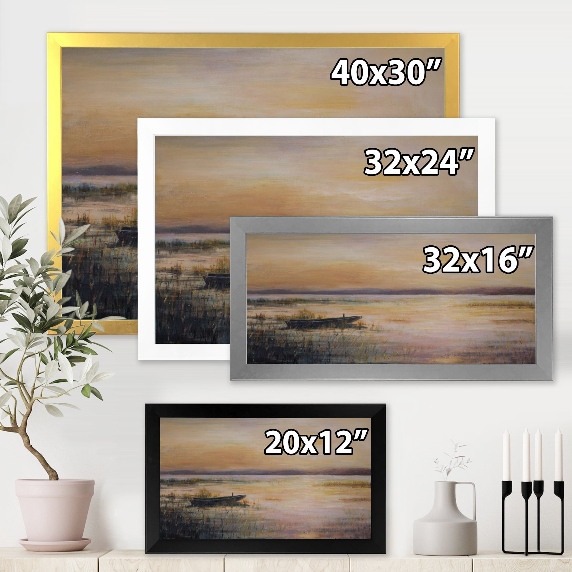 Designart 'Pastel Boat Sunset Over The Lake' Nautical & Coastal Framed Art Print