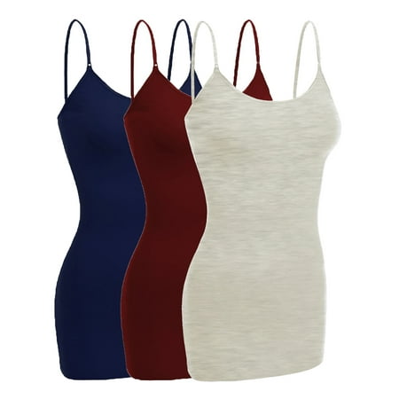 

Essential Basic Women Basic Built In Bra Spaghetti Strap Cami Top Tank - 3 Pk Burgundy Navy Oatmeal L
