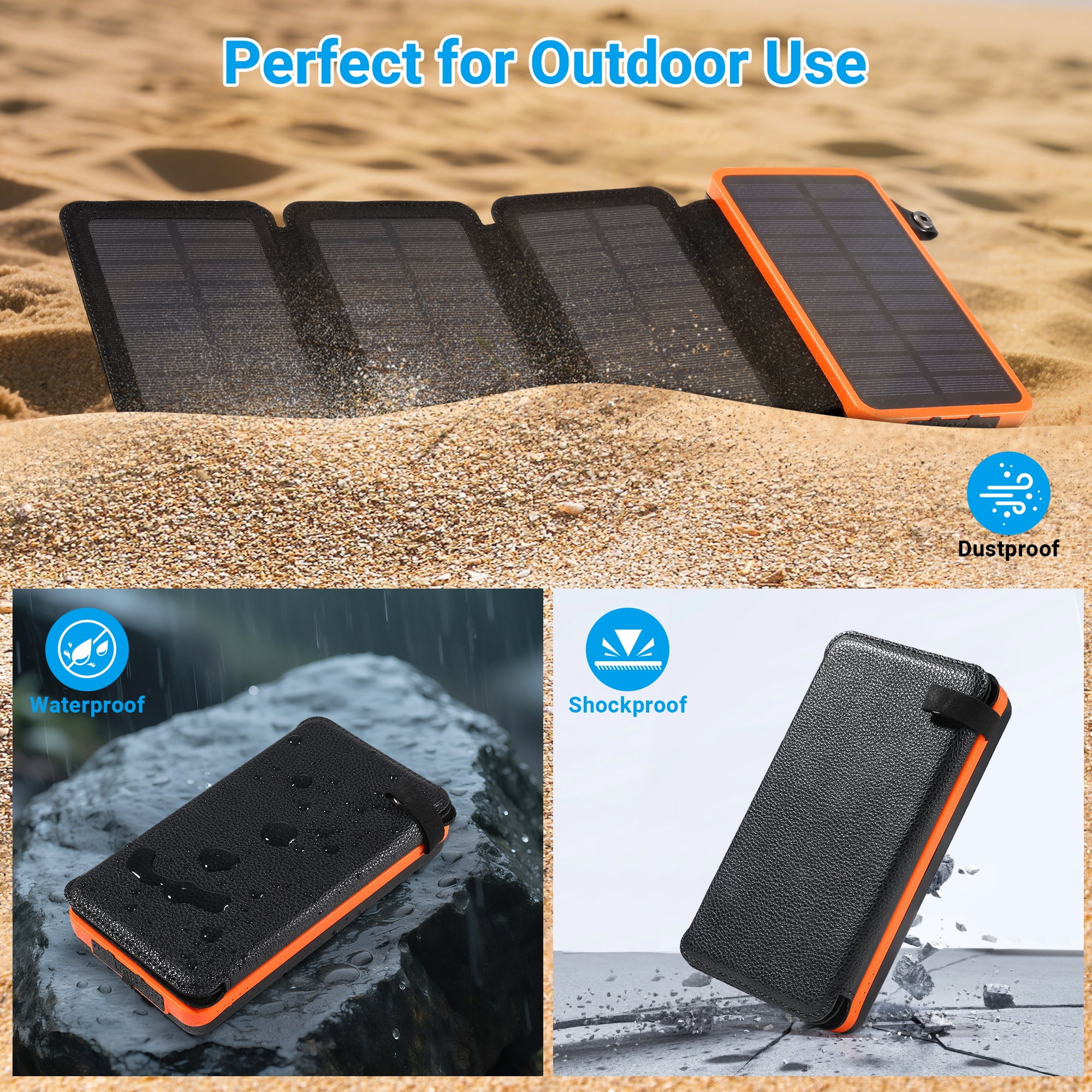 SOLPOWBEN 30000mAh Solar Power Bank with 4 Solar Panels, Portable Battery Pack, Compatible with iPhone 17 & USB-C Devices, Flashlight for Camping Travel (Orange)