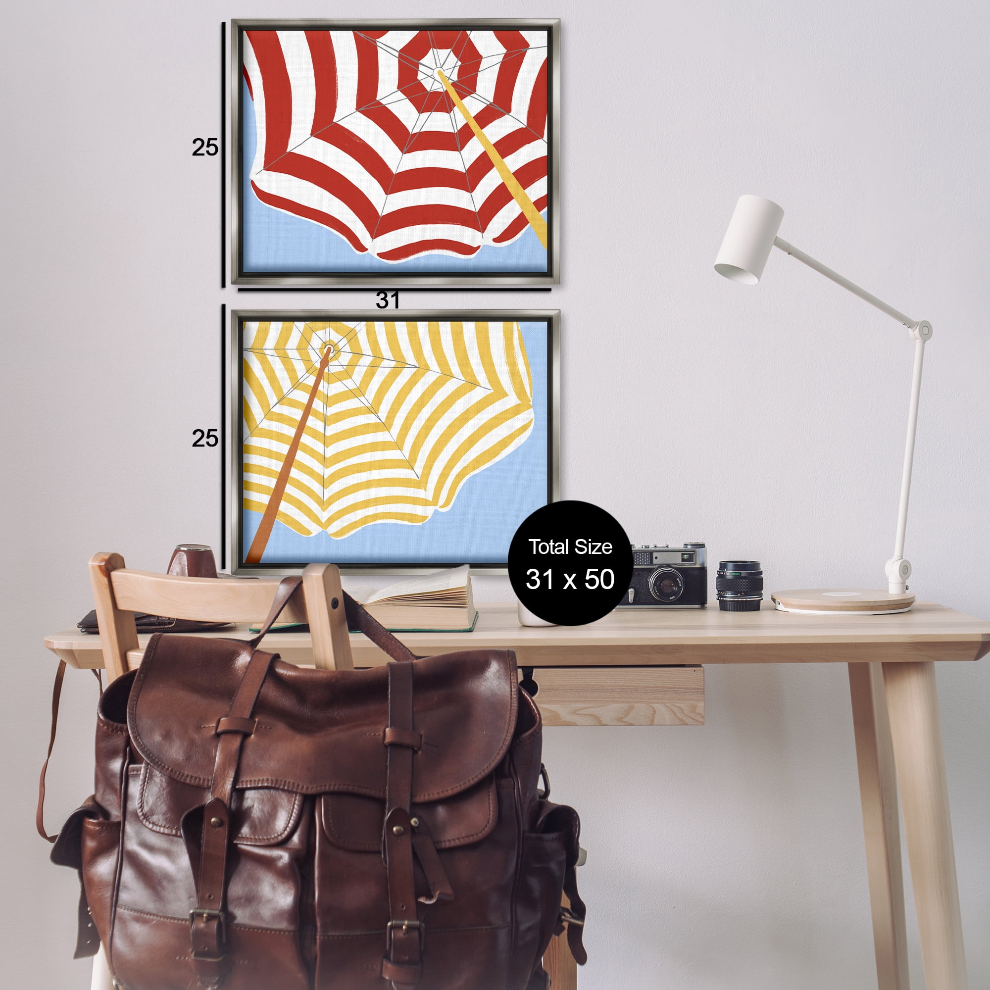 Stupell Industries Striped Beach Umbrella Nautical & Beach Painting Gray Floater Framed Canvas Art Print Wall Art, 31 x 25, Set of 2