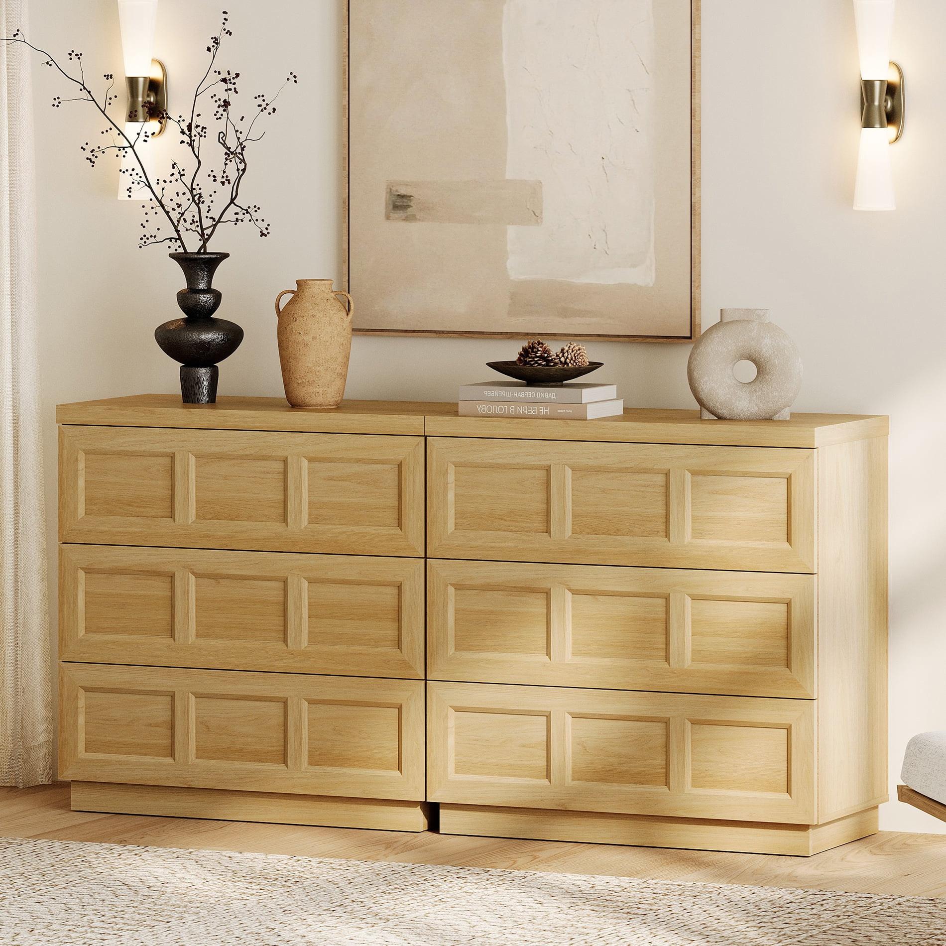 HOMOOI Modern Wood Dresser,Boho 63" Anti-Wobble Silent Storage Dresser with 6 Pop-Up Handle-Free Chest of Drawers，for Bedroom, Living Room,Oak