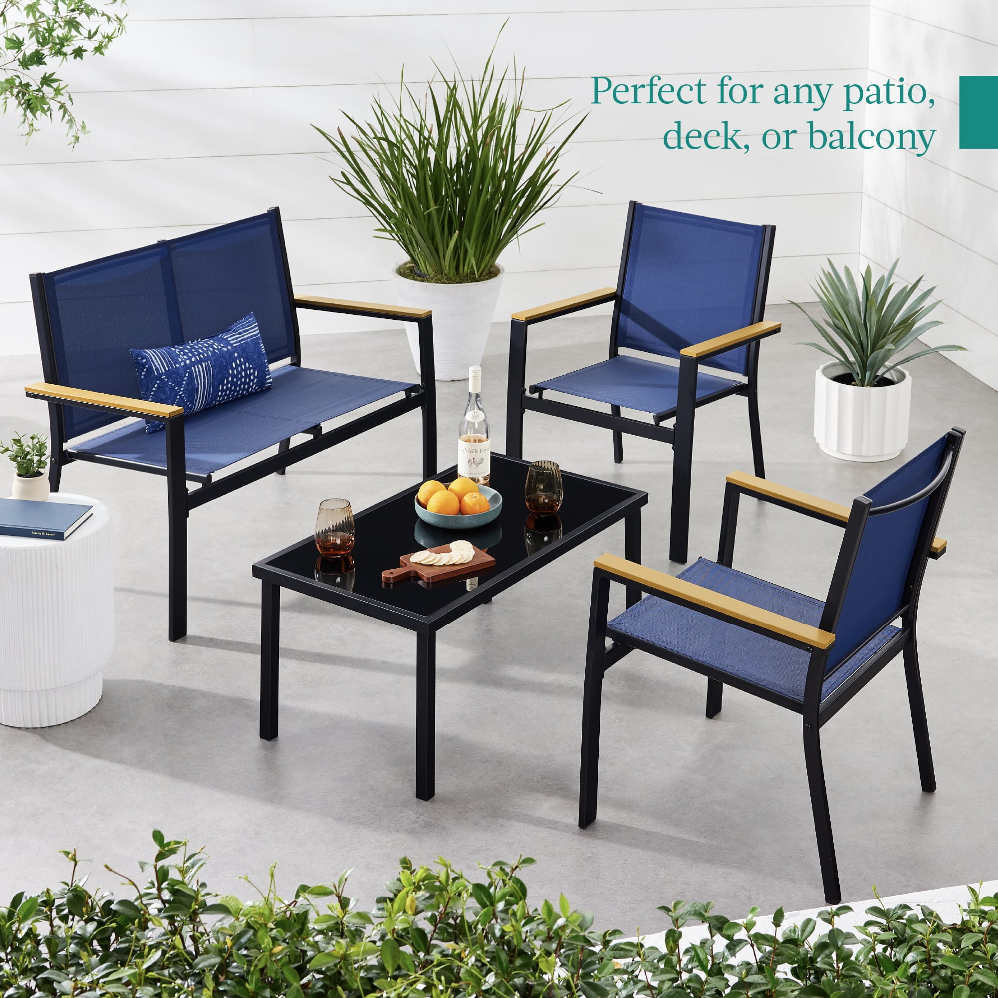 Best Choice Products 4-Piece Outdoor Textilene Patio Conversation Furniture Set w/ Loveseat, Table - Black/Navy