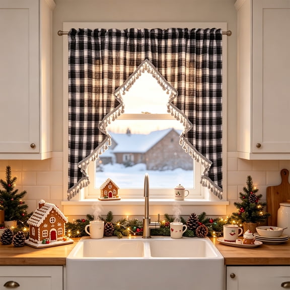 VOTRUDI 23.62×39.37in Plaid Christmas Tree Shape Swags Valance Curtains Light Filtering Snow Views Window Curtain With Tassel Fringe Farmhouses