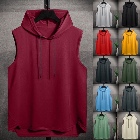 UVEASISHA Men's Sleeveless Hoodie Lightweight Workout Hooded Tank Tops Casual Fashion Drawstring Gym Muscle T Shirts Solid Color Loose Athletic Tanks Black 4XL