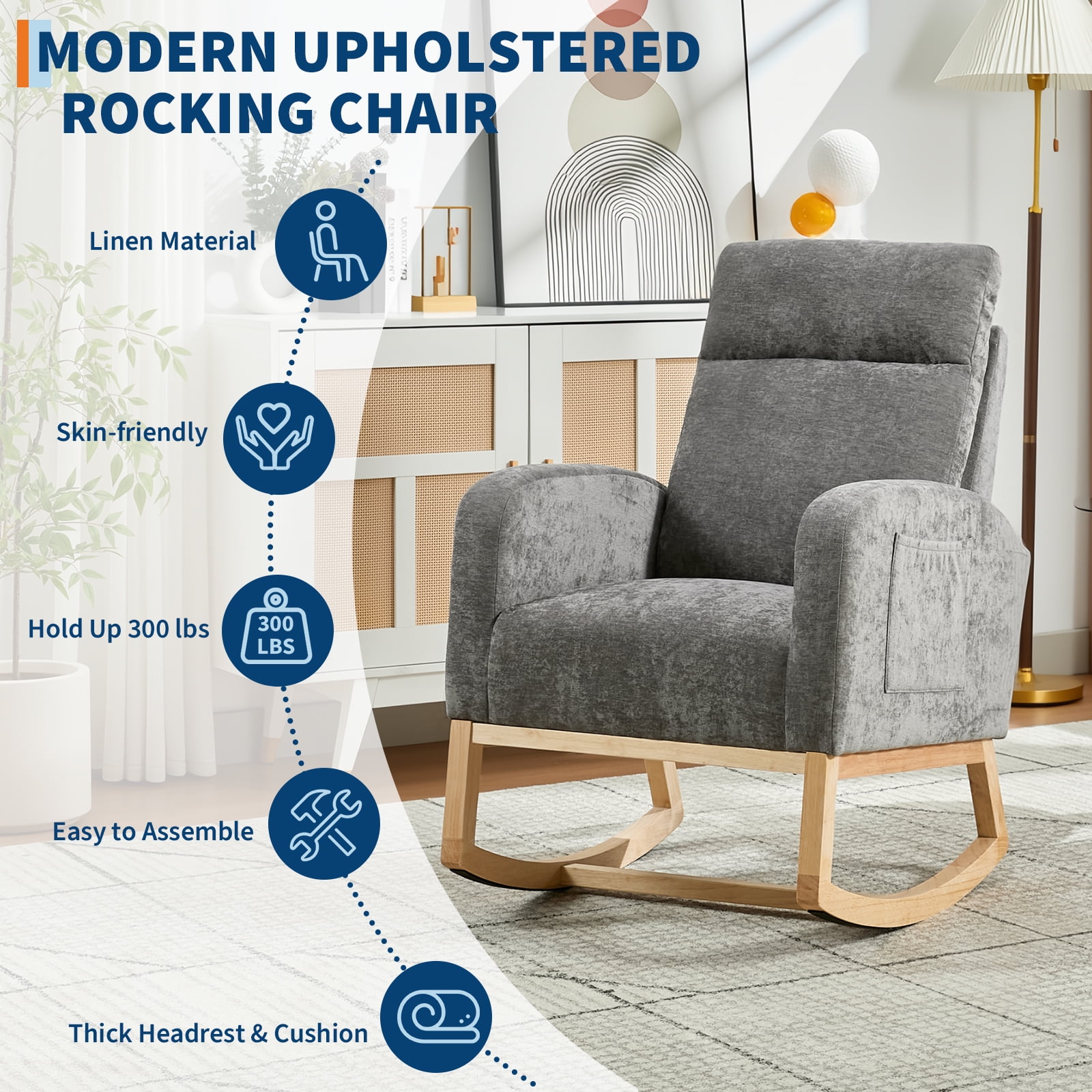 Rocking Chair Nursery, Glider Rocking Chair with High Back & Side Pocket, Teddy Upholstered Glider Rocker with Padded Seat High Backrest for Living Room/Bedroom/Nursery