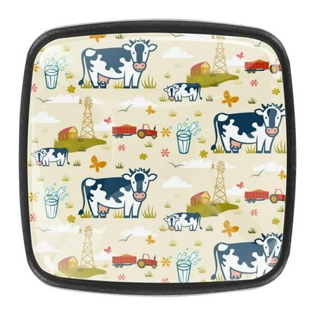 4 Pcs Square Cabinet Handle Cupboard Knob Drawer Pulls Handle Cows Animal Farm Drawer Knobs with Screws Furniture Decoration