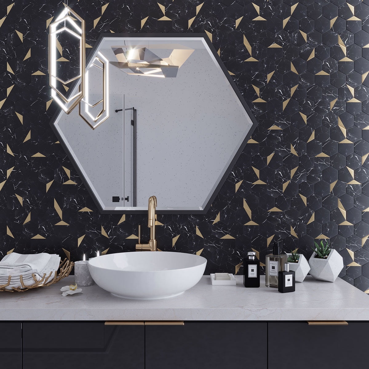 10 pack Hexagon Black and Gold 11.6 in.x11.5 in. Metal Peel and Stick Backsplash Tile for Kitchen and Bathroom (8.3 sq ft./Case)