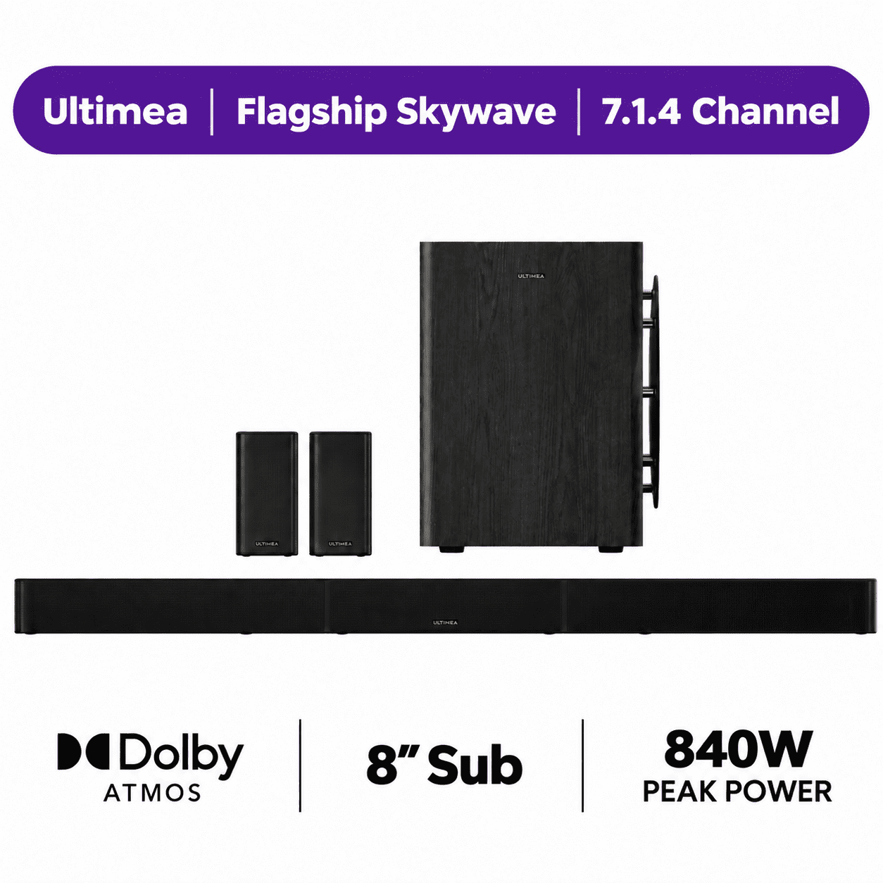 ULTIMEA 7.1.4ch Sound Bar with Dolby Atmos, Surround Sound System for TV with 2 Surround Speakers, Sound Bar for Smart TV, Soundbar with Subwoofer for Home Theater, BT 5.4, HDMI eARC, Skywave Series