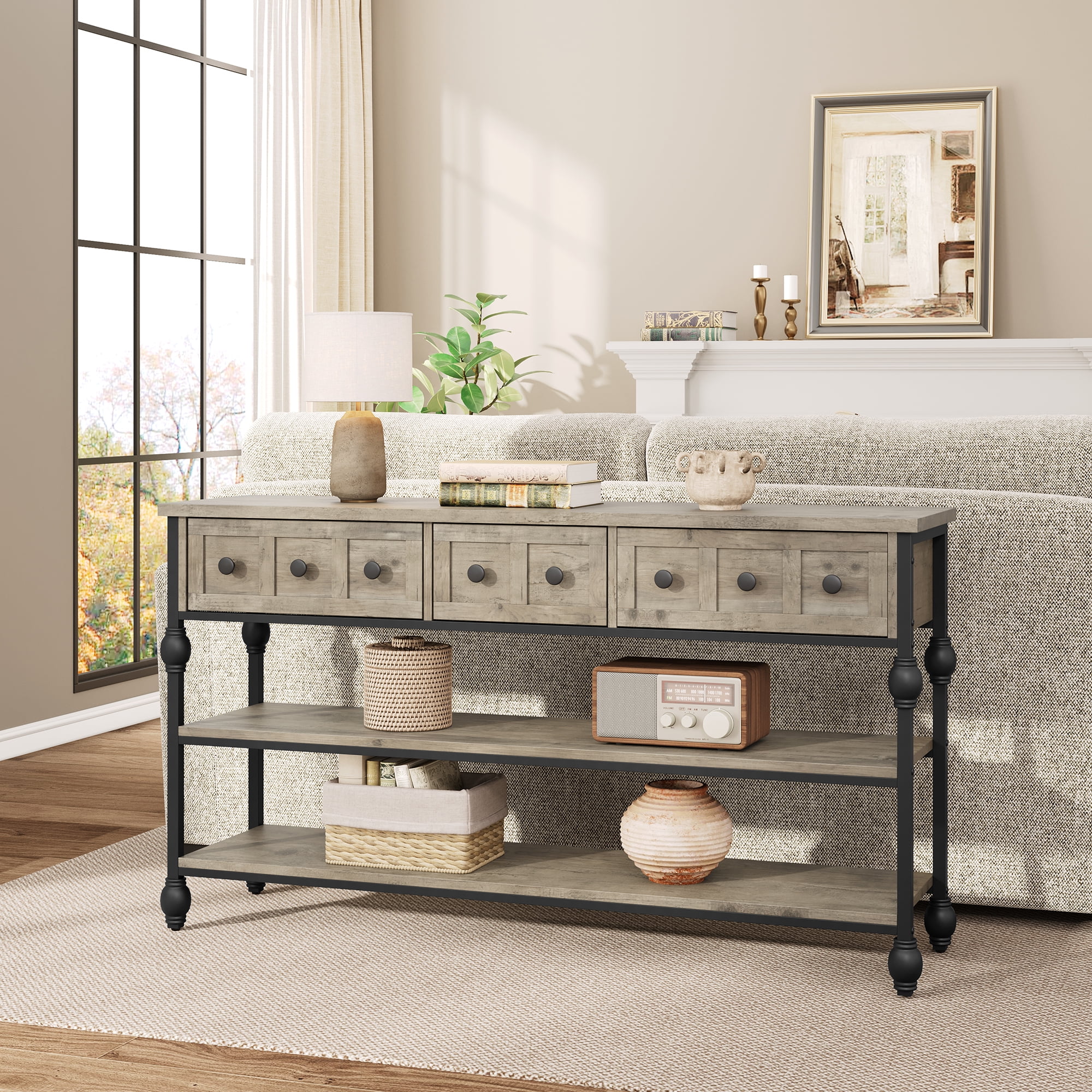 52.5 Inch Long Console Tables for Entryway with 3 Drawers, 3-Tier Industrial Metal Frame Sofa Table with Roman Column Legs for Hallway, Living Room, Foyer, Retro