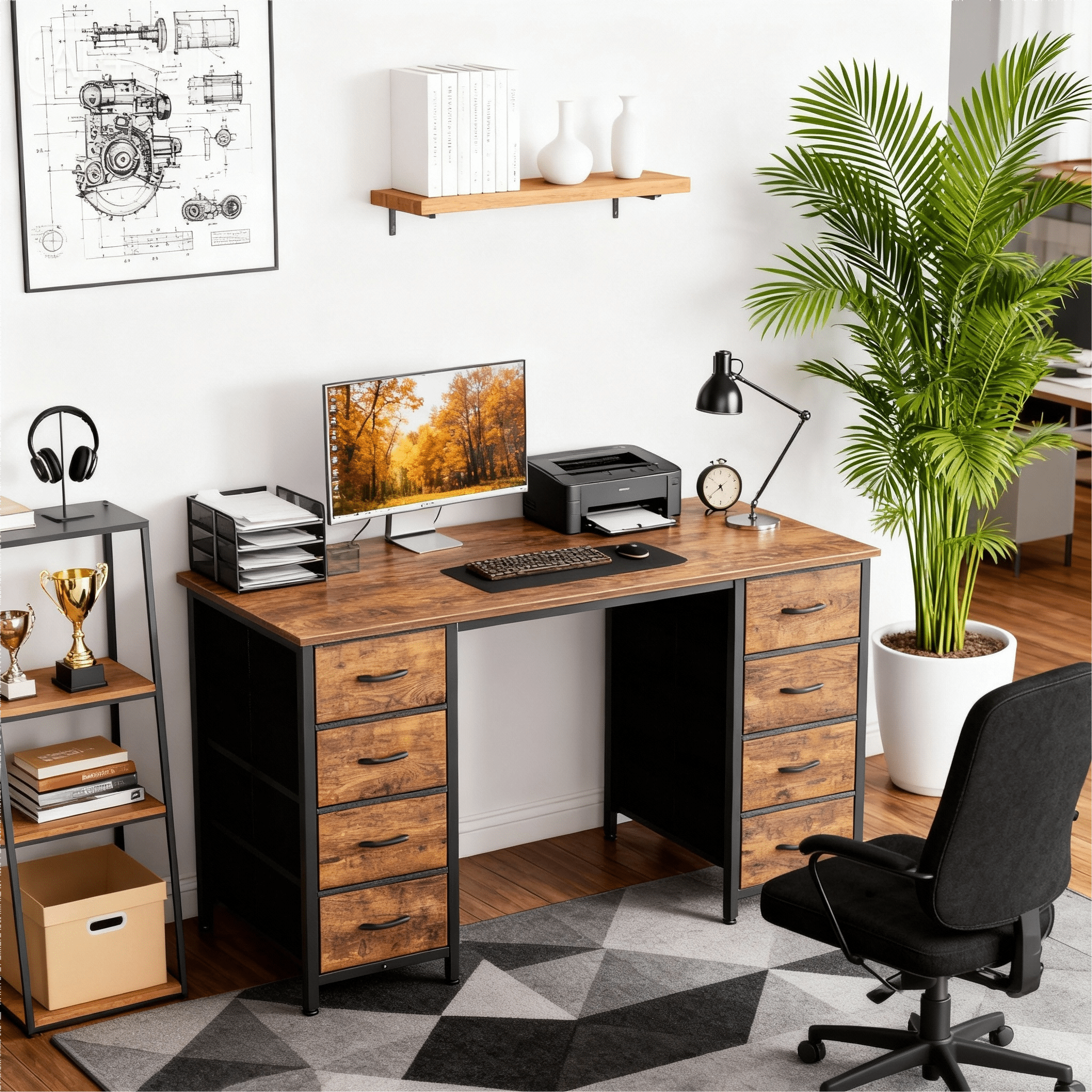 CONCETTA 47 Inch Computer Desk with 8 Fabric Drawers, Home Office Desk Workstation for Study & Gaming, Large Storage Writing Desk, Sturdy Metal Frame, Brown