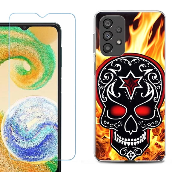Shockproof Fashion Phone Case for Samsung Galaxy A23 5G, with Tempered Glass Screen Protector, by OneToughShield ® - Skull Flames