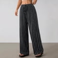 thumbnail image 5 of Miluxas Women's Striped Drawstring Wide Leg Pants Elastic High Waist Loose Casual Trousers with Pockets Soft Breathable Daily Outings Pants Dark Gray, 5 of 8